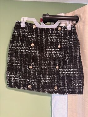 SHEIN Black & White Tweed Mini Skirt with Gold Button Detail